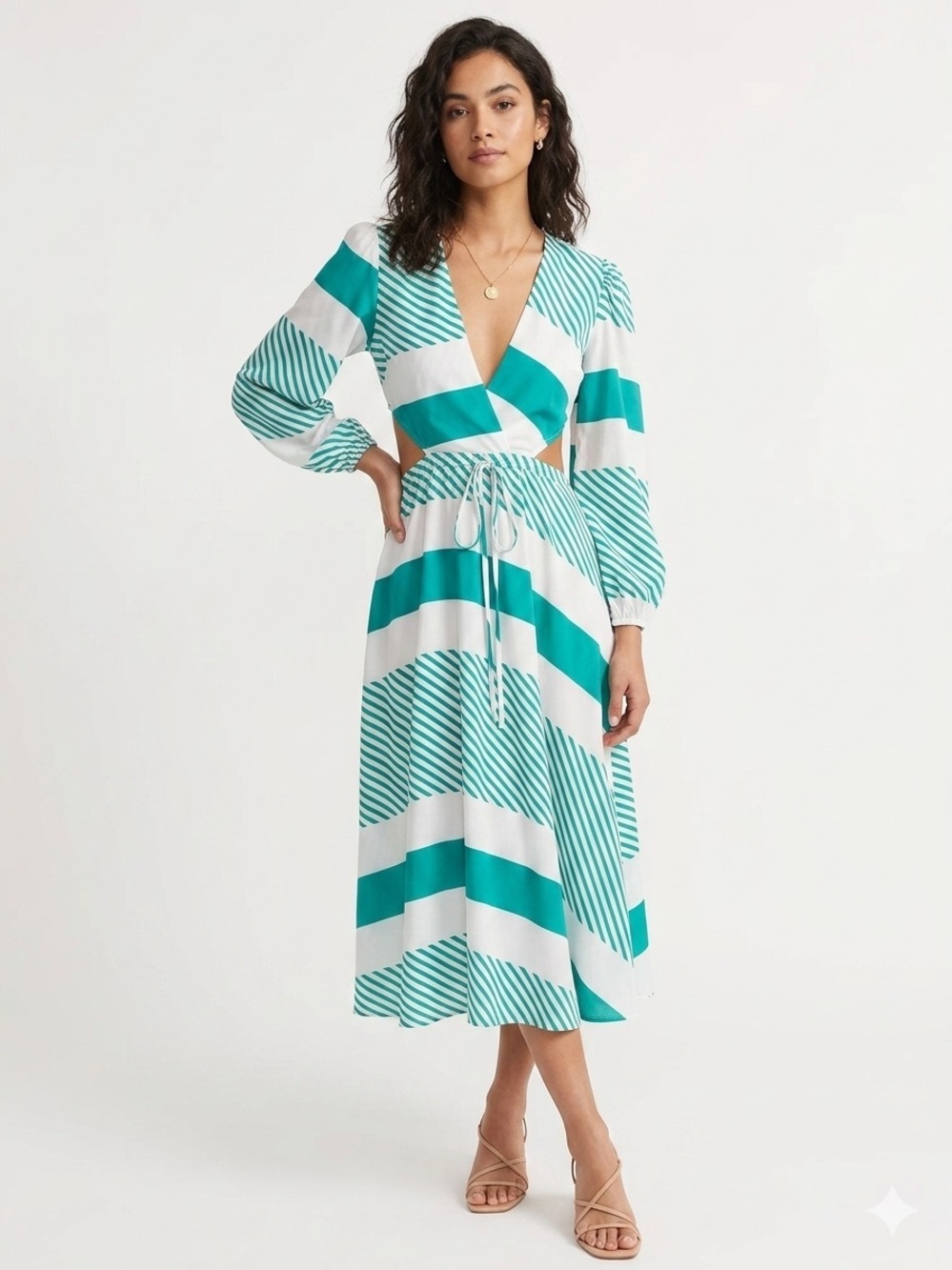 Aeverse Green White Wrap Dress Tie Waist Midi Resort Style Small